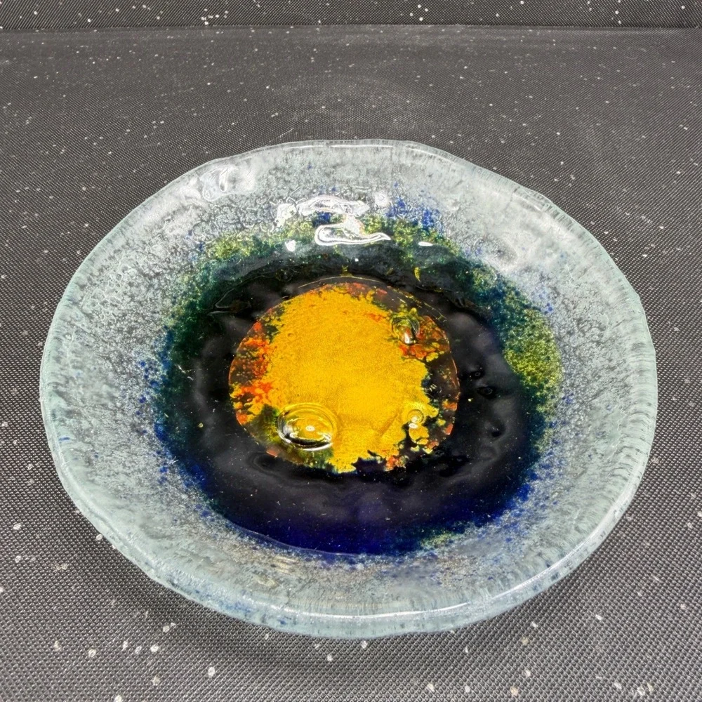 Handmade Fused Glass Bowl Dish Blue Yellow Green Celestial Art Glass Catchall